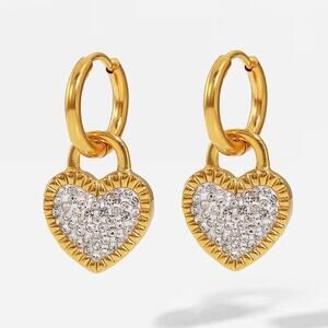 White Heart Pendant‎ Zircon Hoop Earrings - 18K Gold Plated Stainless Steel